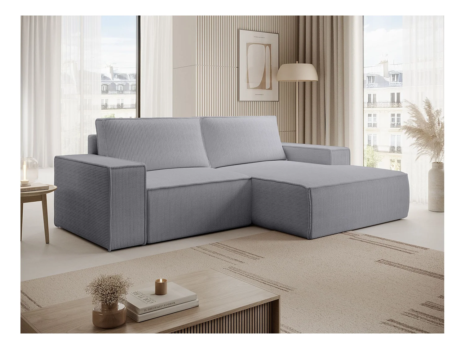 Canapé d’angle convertible – en velours côtelé – gris clair – droite – FARESE MINI
