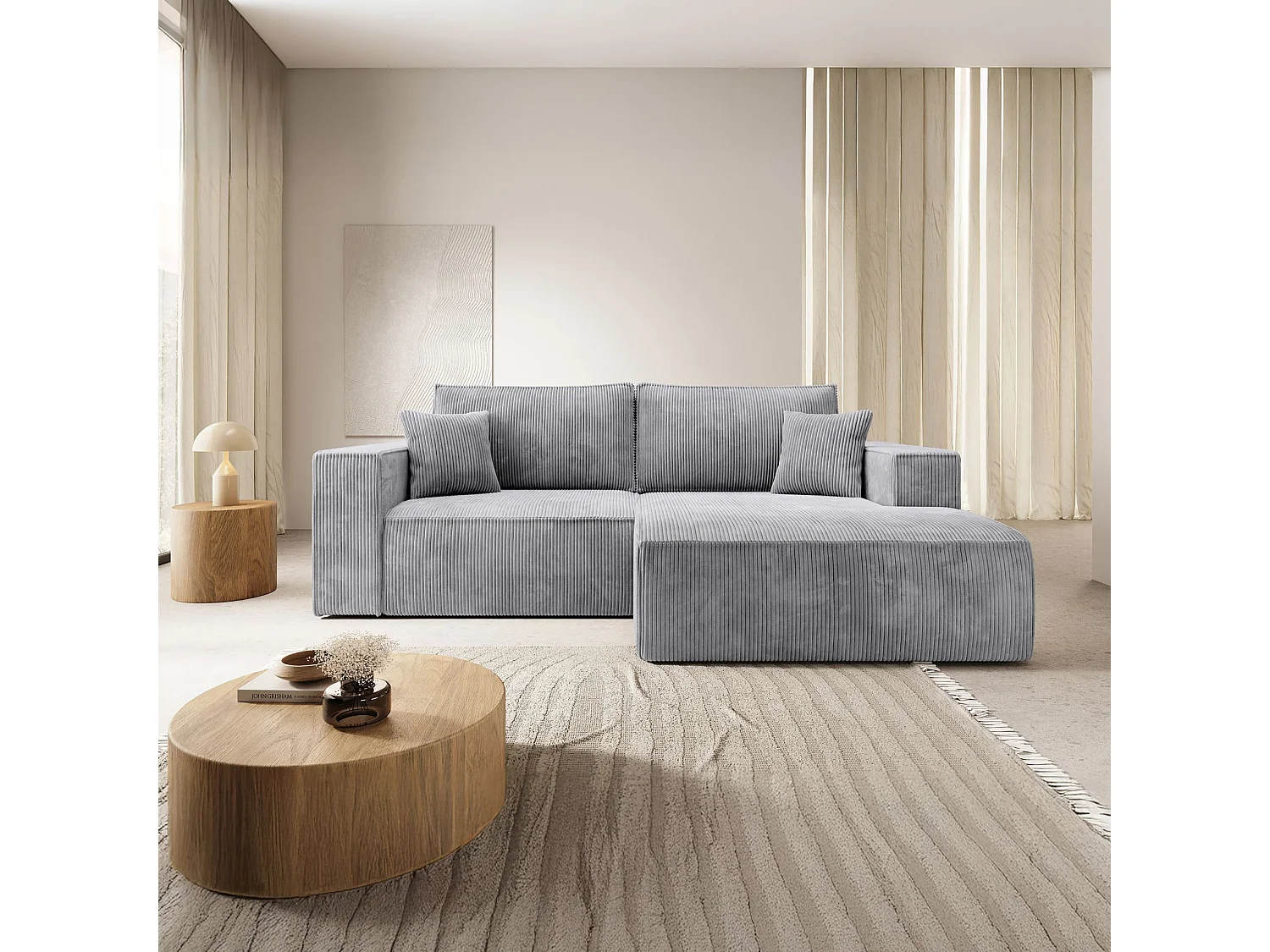 Canapé d’angle convertible – en velours côtelé – gris clair – droite – FARESE MINI