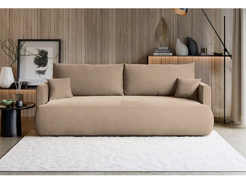 Canapé convertible 3 places – velours Easy-Clean – beige – OVO MINI