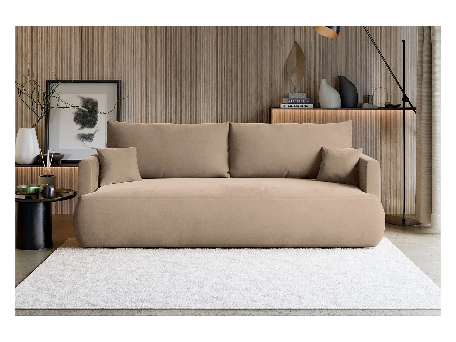 Canapé convertible 3 places – velours Easy-Clean – beige – OVO MINI