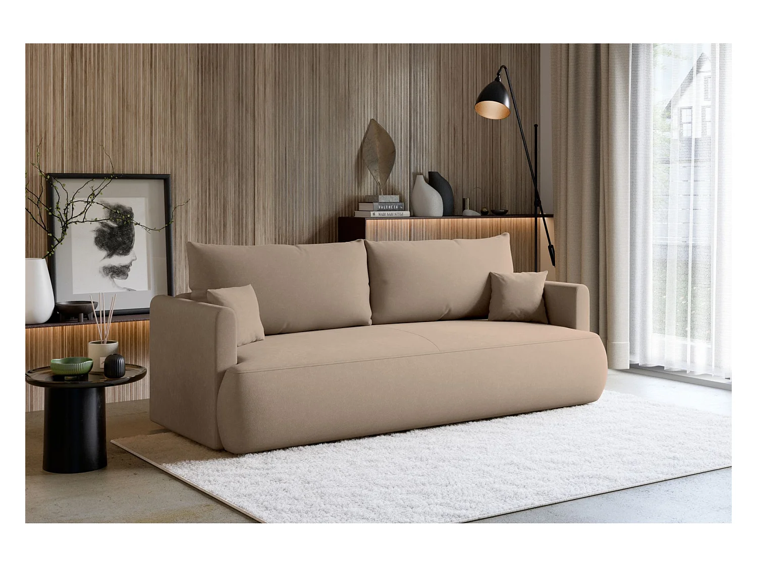 Canapé convertible 3 places – velours Easy-Clean – beige – OVO MINI