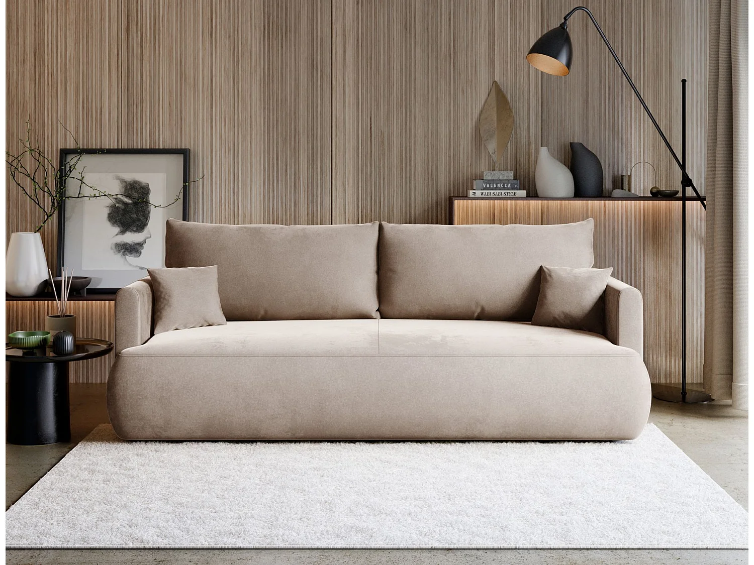 Canapé convertible 3 places – velours Easy-Clean – beige – OVO MINI