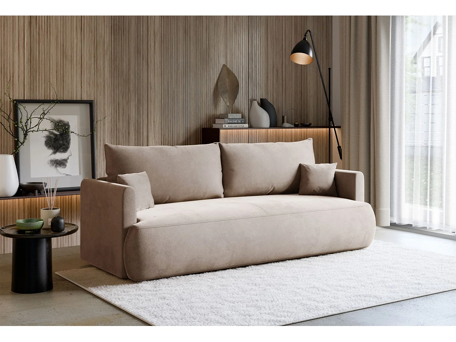 Canapé convertible 3 places – velours Easy-Clean – beige – OVO MINI