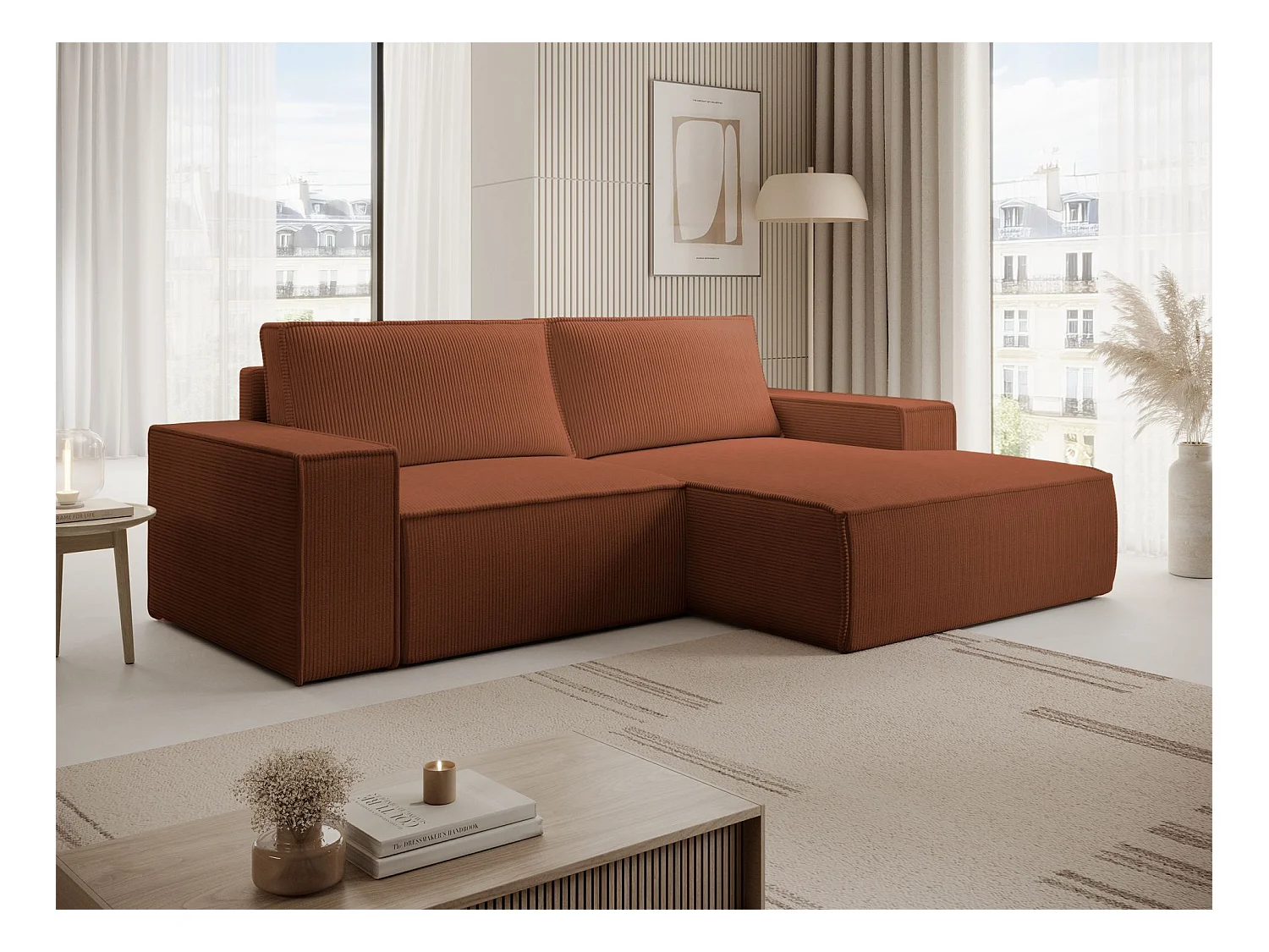 Canapé d’angle convertible – en velours côtelé – cuivre – droite – FARESE MINI