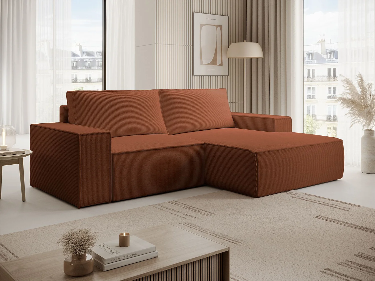 Ecksofa mit Cordbezug – Schlaffunktion und Stauraum – Rostrot – rechts – FARESE MINI