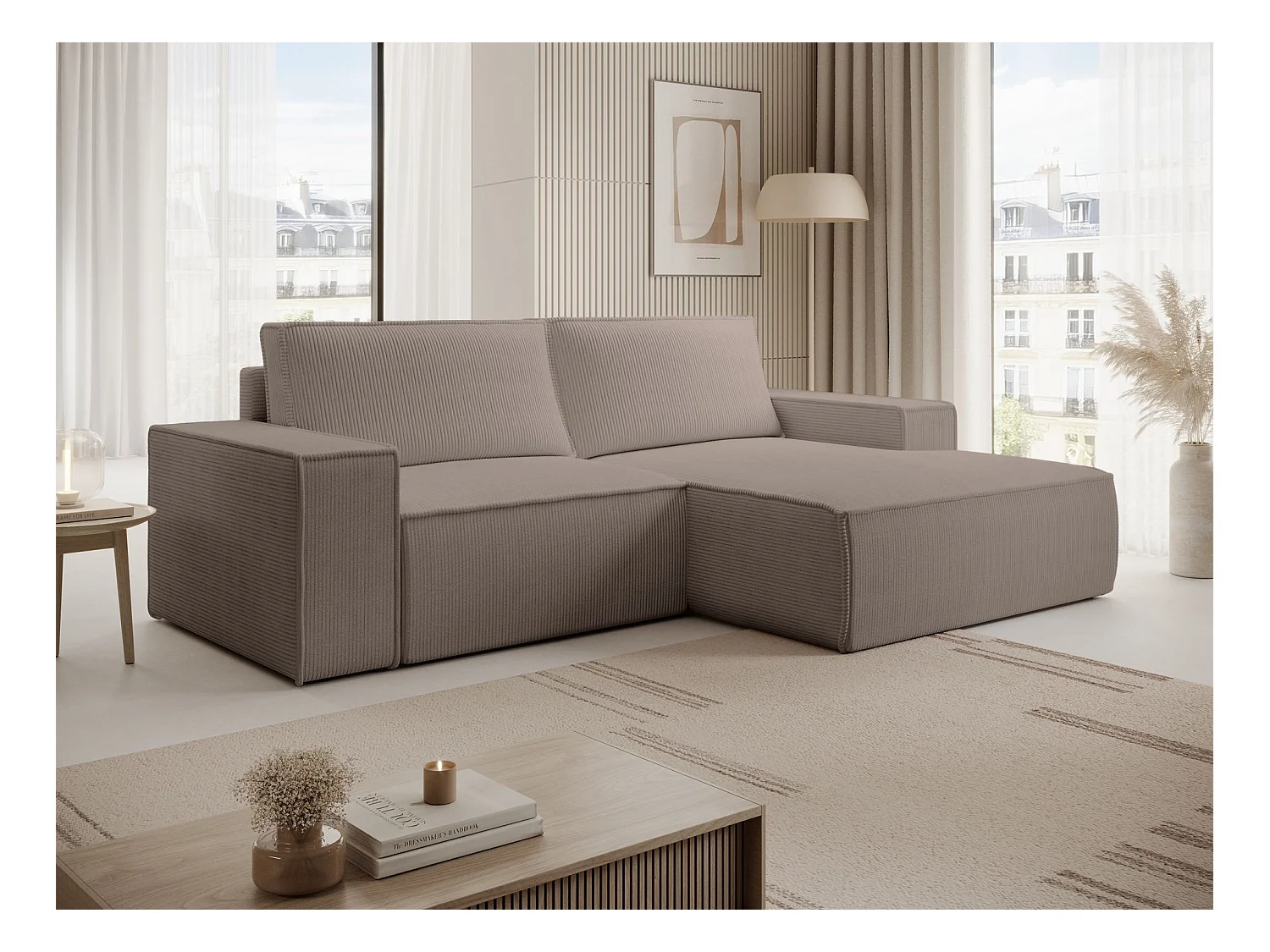 Canapé d’angle convertible – en velours côtelé – beige – droite – FARESE MINI