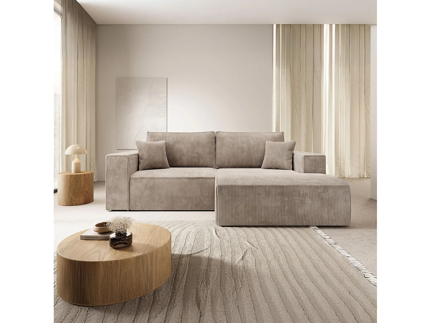 Hoekbank met ribfluweel – slaapfunctie en opbergruimte – beige – rechts – FARESE MINI
