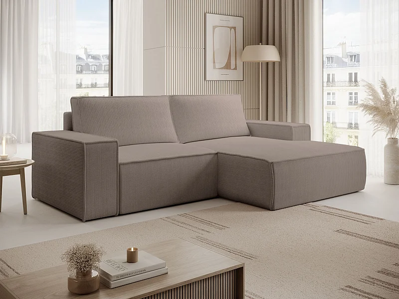 Hoekbank met ribfluweel – slaapfunctie en opbergruimte – beige – rechts – FARESE MINI