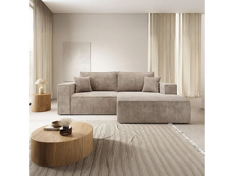 Ecksofa mit Cordbezug – Schlaffunktion und Stauraum – Beige – rechts – FARESE MINI