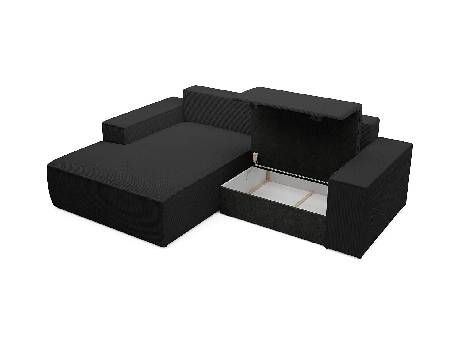 Hoekbank met ribfluweel – slaapfunctie en opbergruimte – zwart – links – FARESE MINI