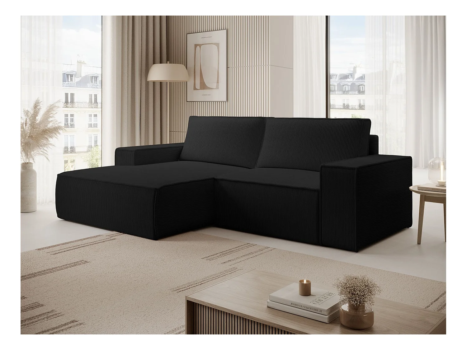 Canapé d’angle convertible – en velours côtelé – noir – gauche – FARESE MINI