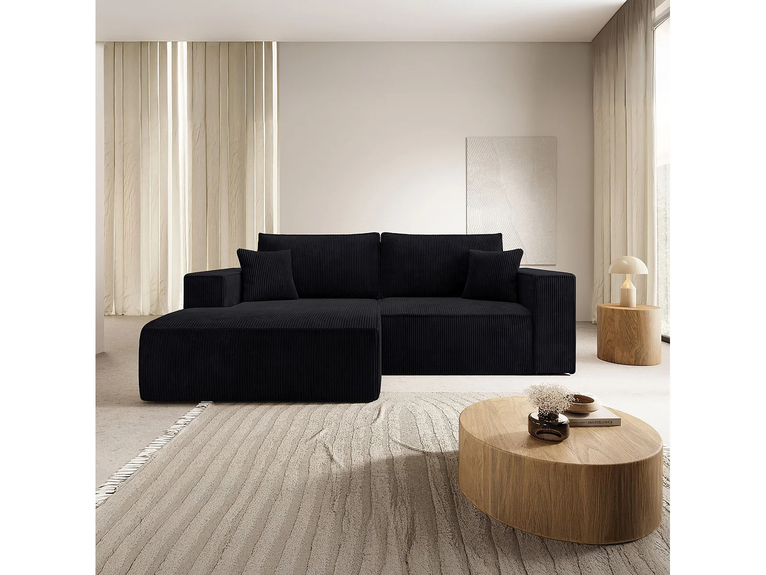 Canapé d’angle convertible – en velours côtelé – noir – gauche – FARESE MINI