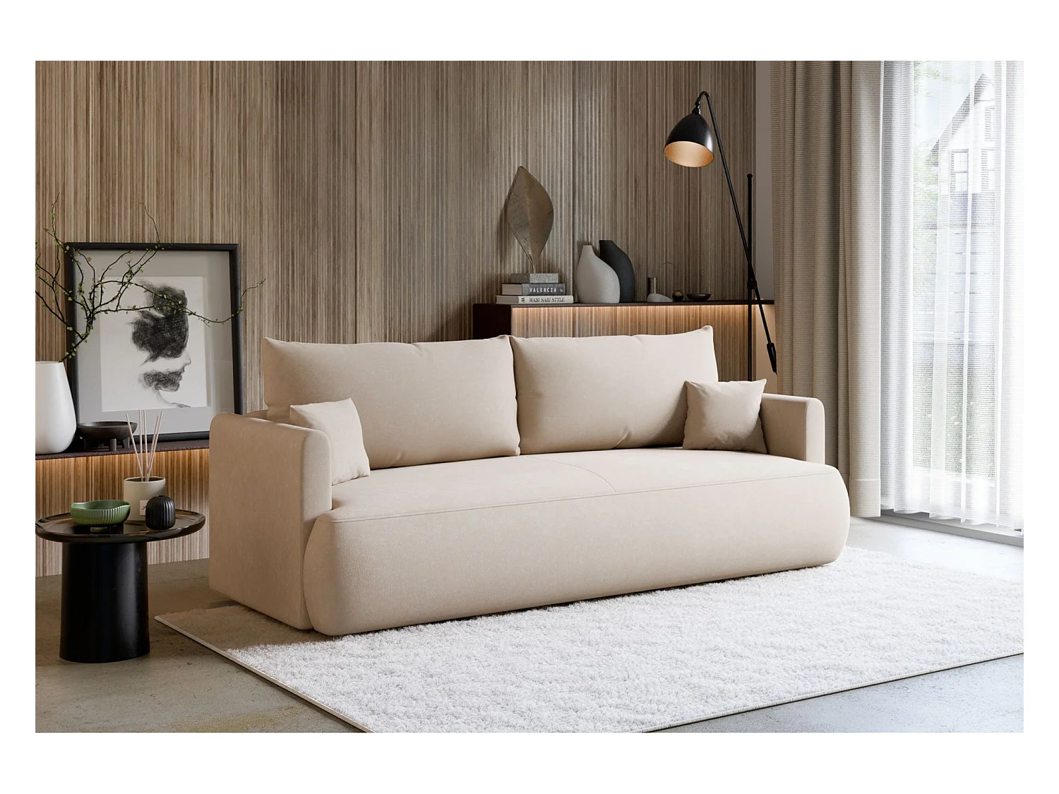 Canapé convertible 3 places – chenille Easy-Clean – crème – OVO MINI