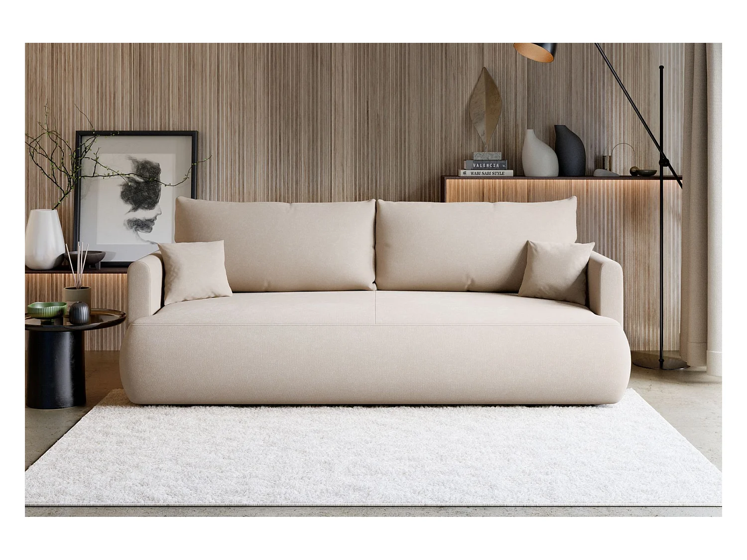 Canapé convertible 3 places – chenille Easy-Clean – crème – OVO MINI
