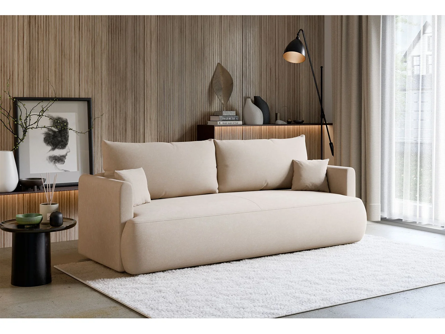 Canapé convertible 3 places – chenille Easy-Clean – crème – OVO MINI