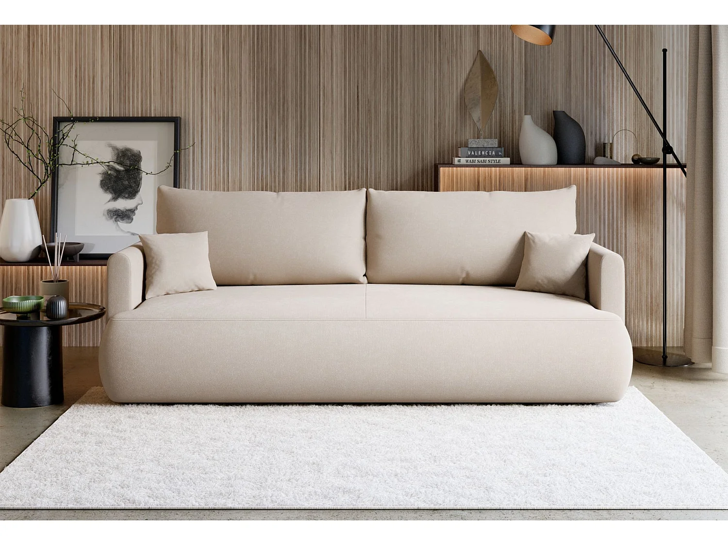 Canapé convertible 3 places – chenille Easy-Clean – crème – OVO MINI