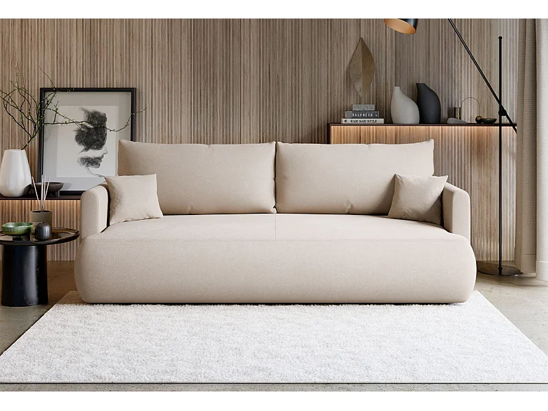 3-Sitzer Schlafsofa mit Bettkasten, Chenille Easy-Clean, creme - OVO MINI