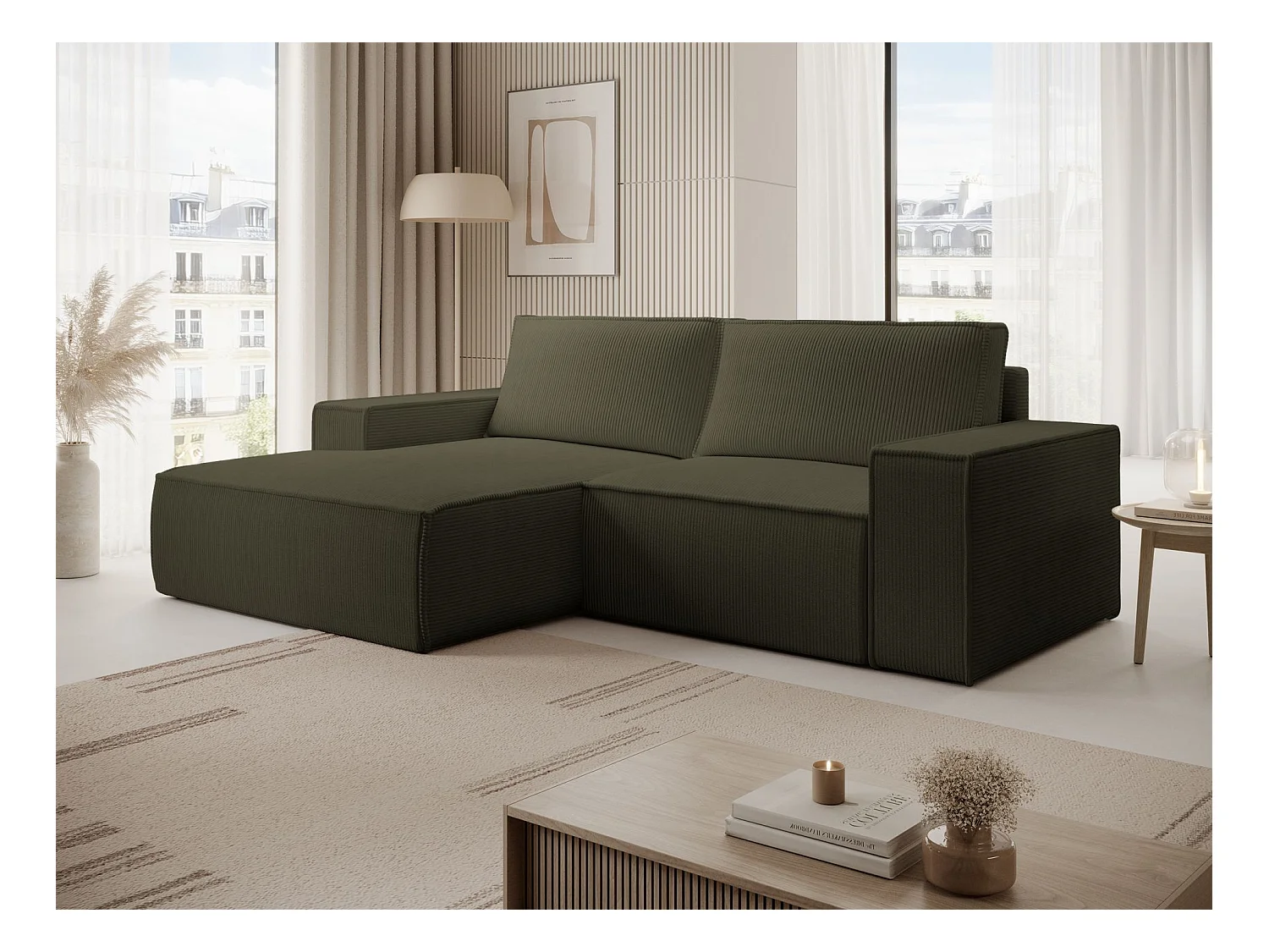 Hoekbank met ribfluweel – slaapfunctie en opbergruimte – olijfgroen – links – FARESE MINI