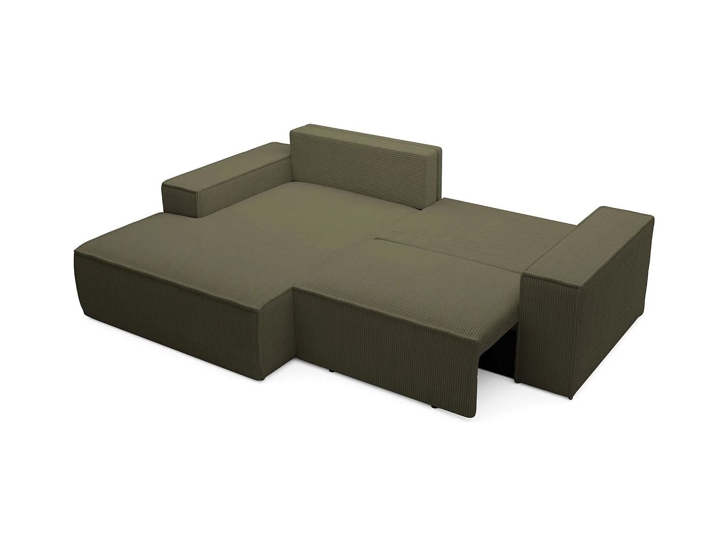 Hoekbank met ribfluweel – slaapfunctie en opbergruimte – olijfgroen – links – FARESE MINI