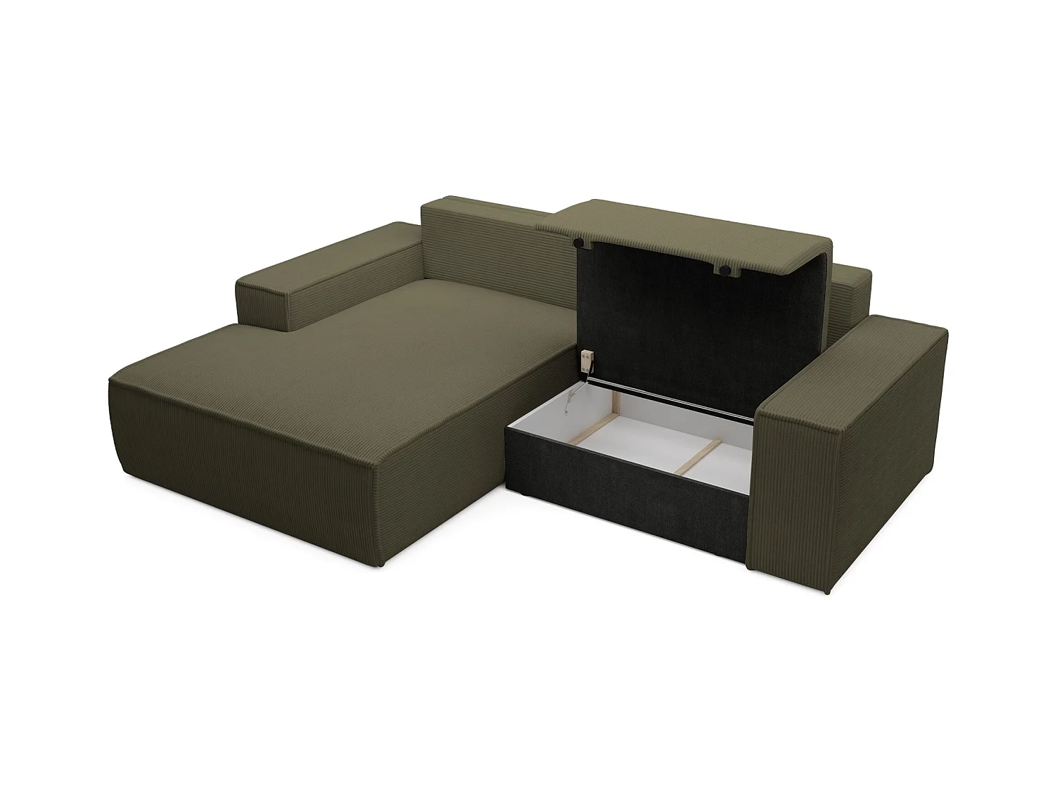 Hoekbank met ribfluweel – slaapfunctie en opbergruimte – olijfgroen – links – FARESE MINI