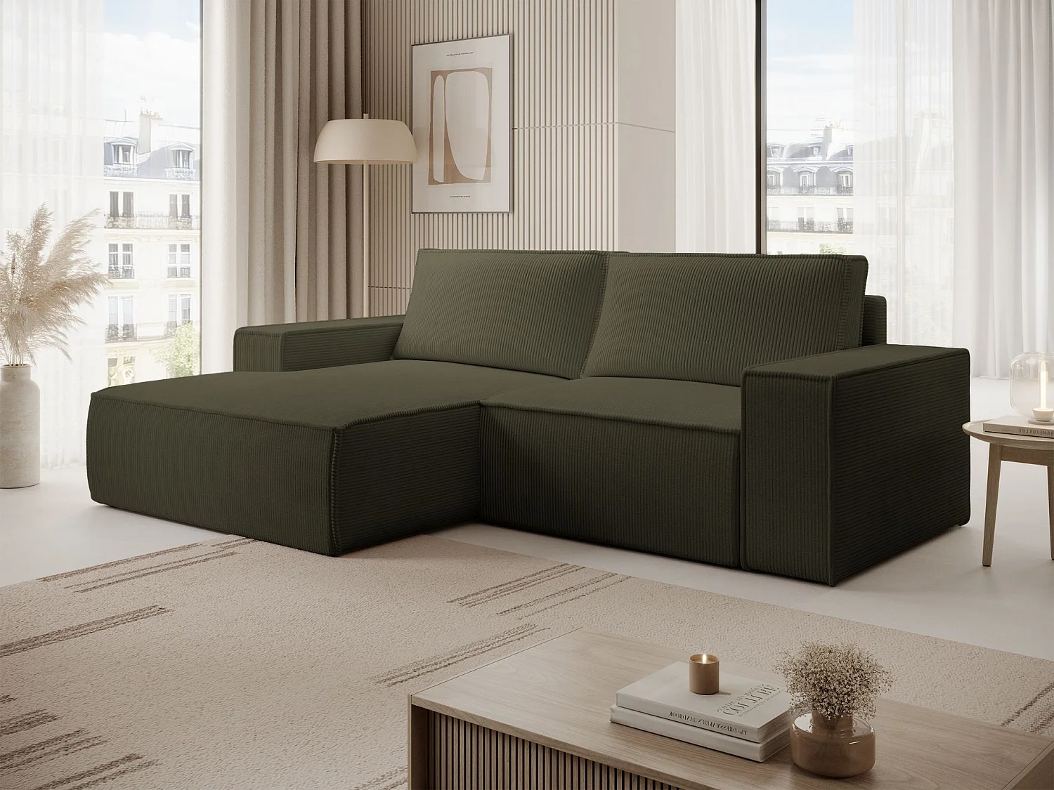Canapé d’angle convertible – en velours côtelé – vert olive – gauche – FARESE MINI