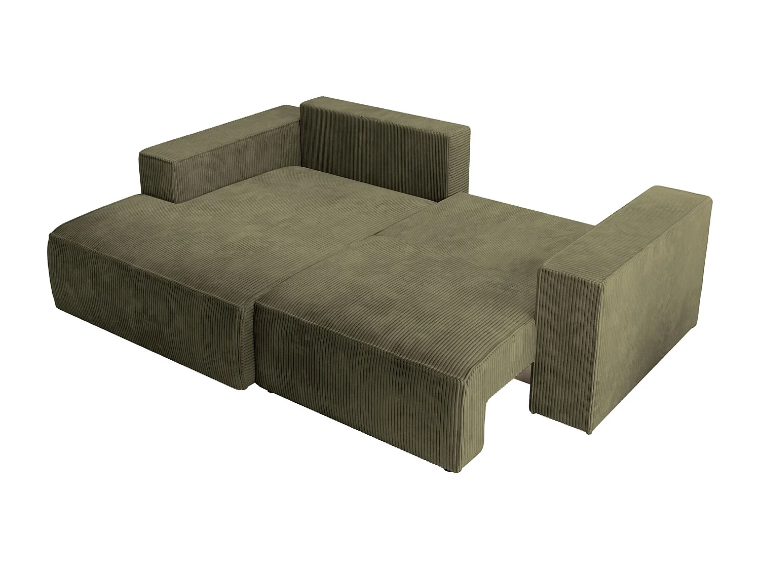 Hoekbank met ribfluweel – slaapfunctie en opbergruimte – olijfgroen – links – FARESE MINI