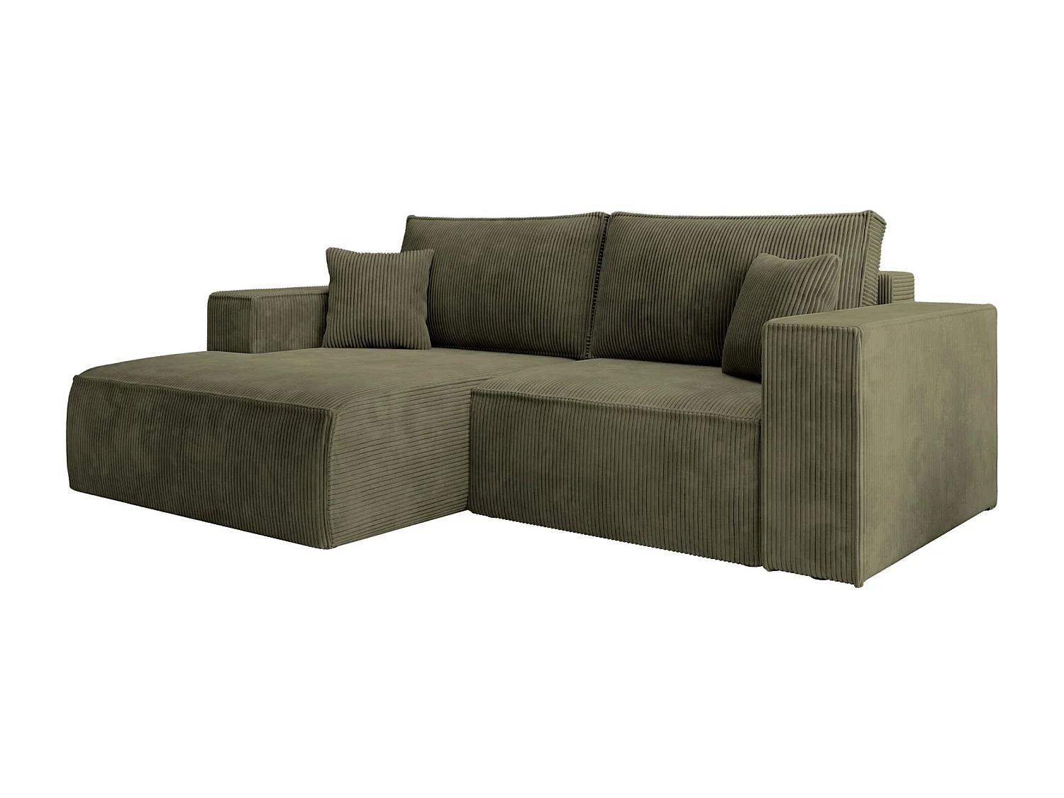Hoekbank met ribfluweel – slaapfunctie en opbergruimte – olijfgroen – links – FARESE MINI