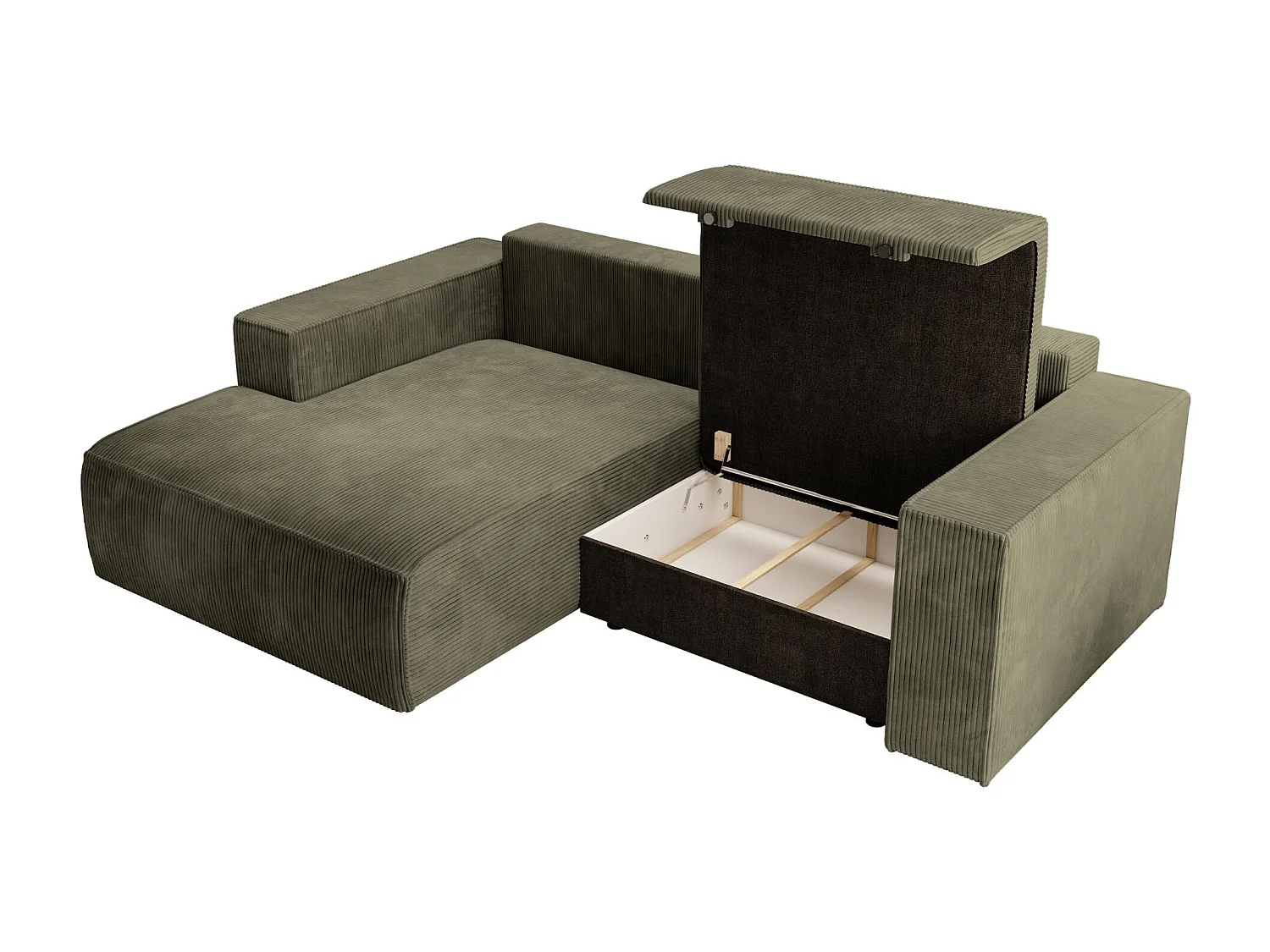 Hoekbank met ribfluweel – slaapfunctie en opbergruimte – olijfgroen – links – FARESE MINI