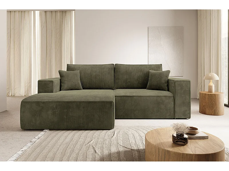 Ecksofa mit Cordbezug – Schlaffunktion und Stauraum – Olivgrün – links – FARESE MINI