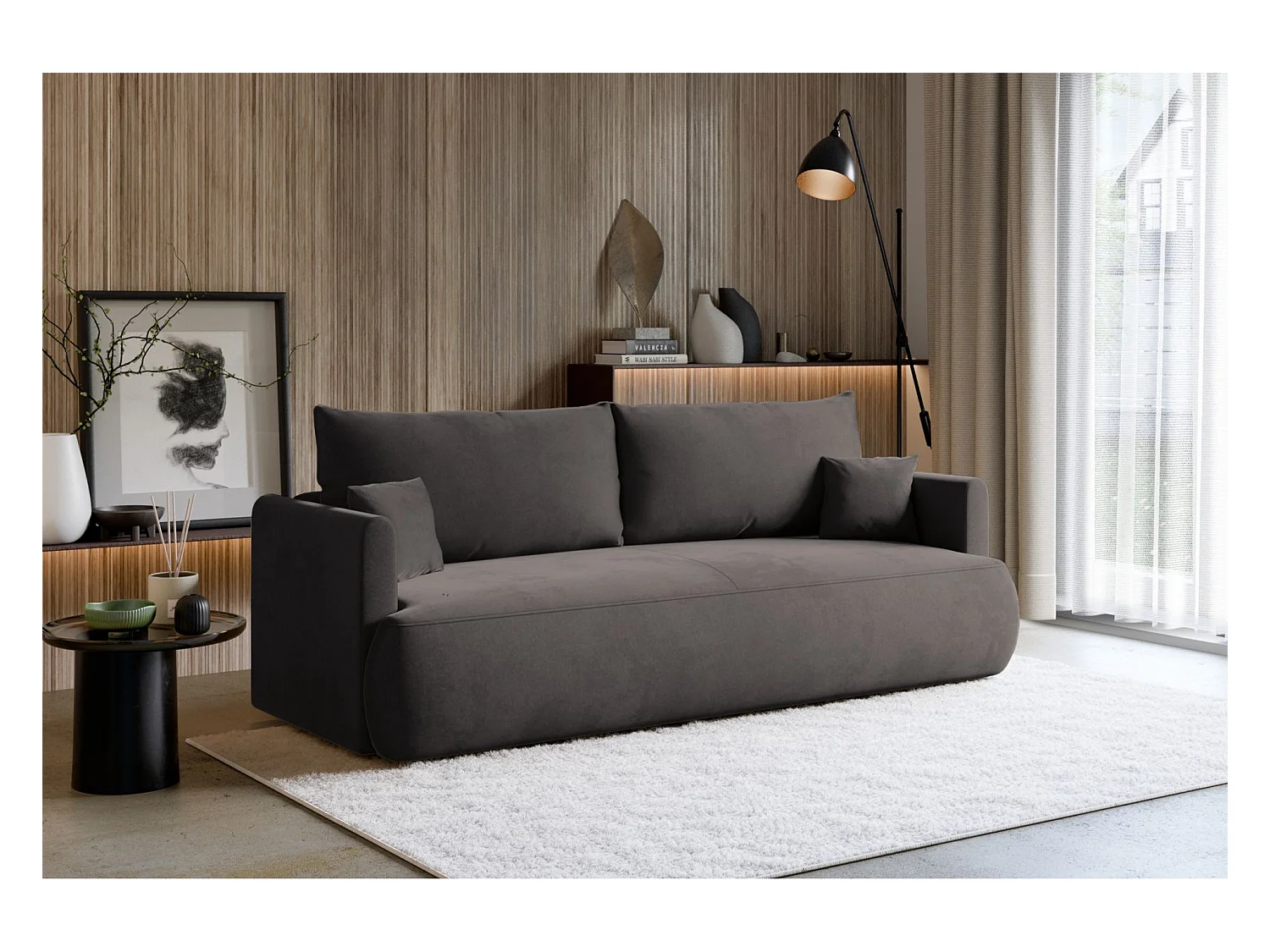 3-zits slaapbank – velours Easy-Clean – donkergrijs – OVO MINI