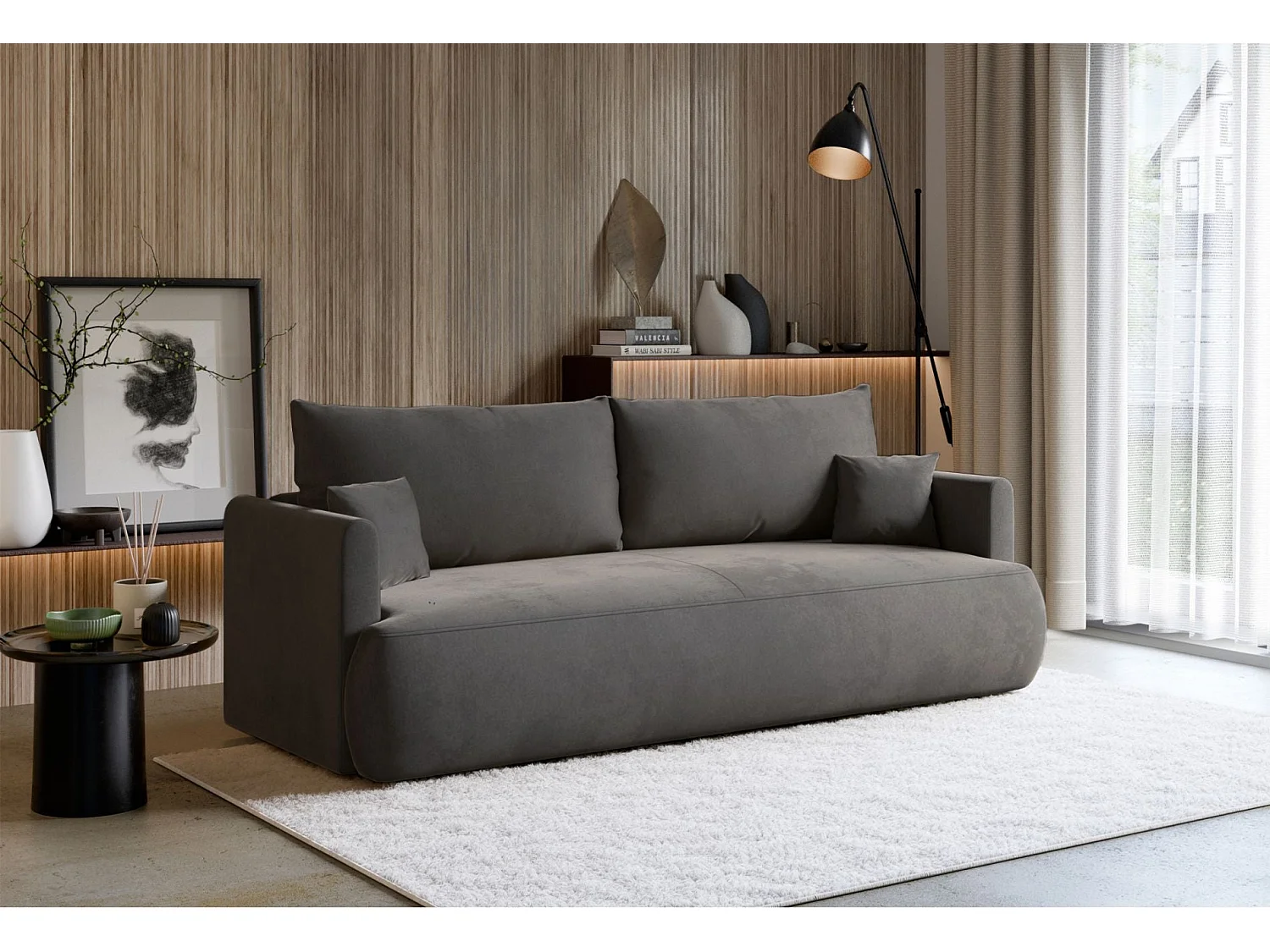 3-Sitzer Schlafsofa mit Bettkasten, Velours Easy-Clean, dunkelgrau - OVO MINI