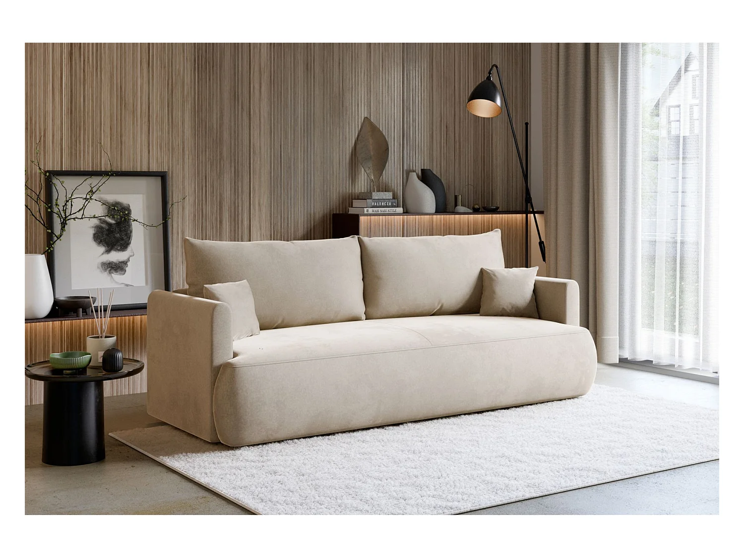 Canapé convertible 3 places – velours Easy-Clean – crème – OVO MINI