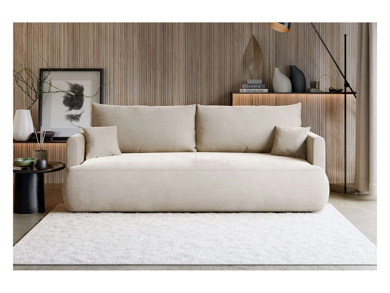 3-Sitzer Schlafsofa mit Bettkasten, Velours Easy-Clean, creme - OVO MINI