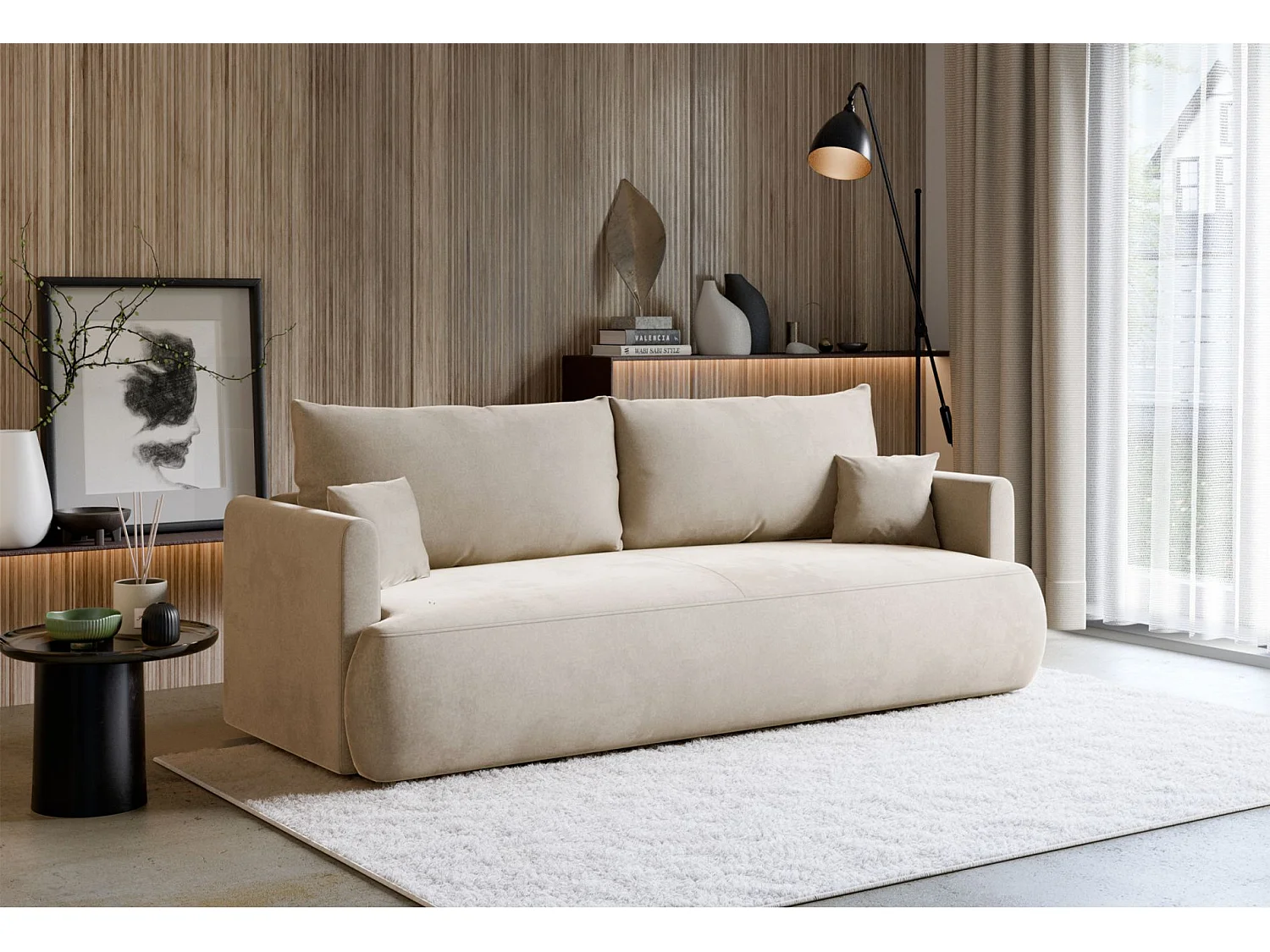 Canapé convertible 3 places – velours Easy-Clean – crème – OVO MINI