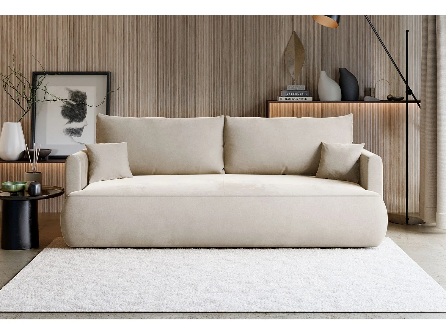 Canapé convertible 3 places – velours Easy-Clean – crème – OVO MINI