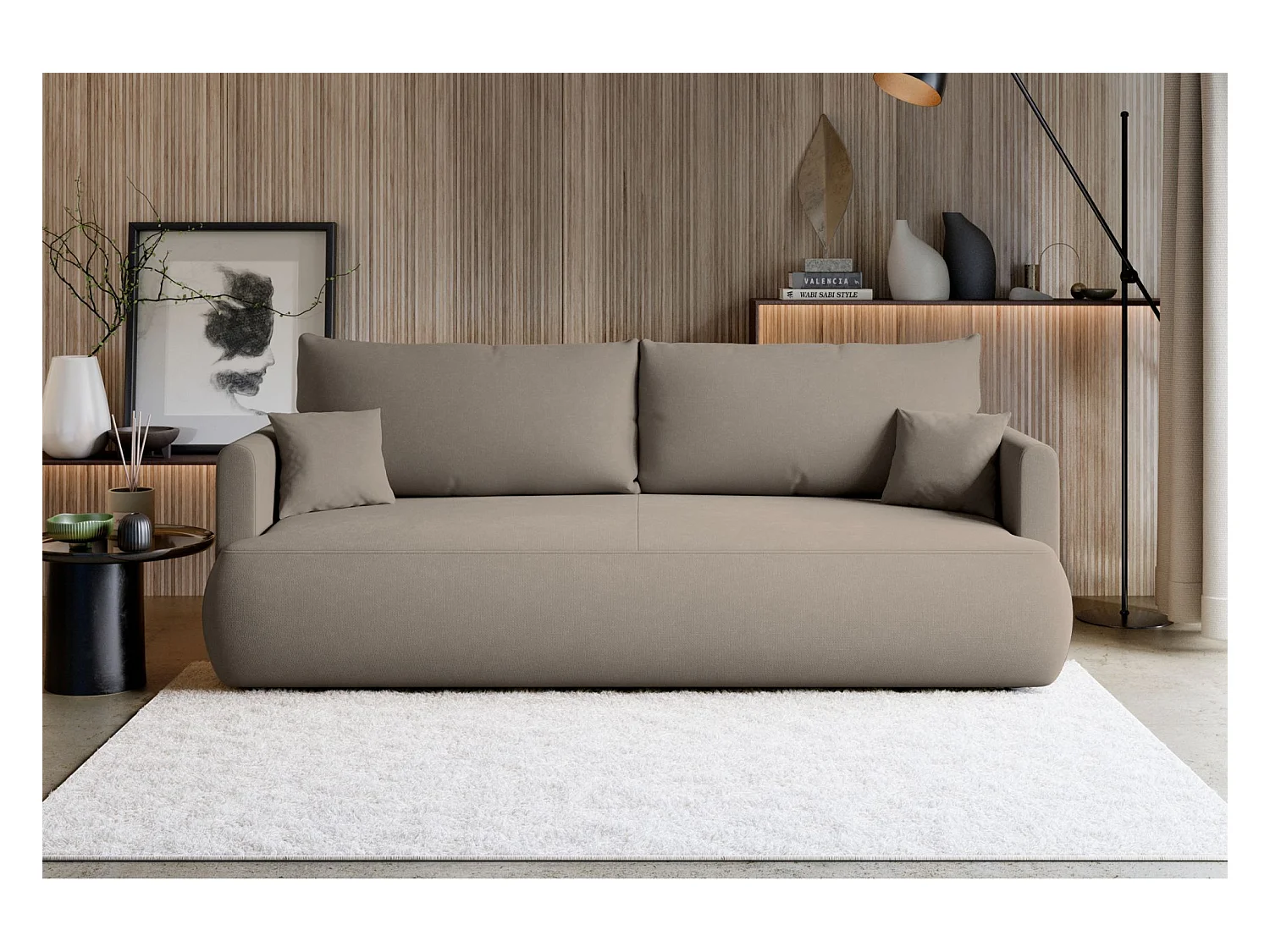 Canapé convertible 3 places – chenille Easy-Clean – gris-beige – OVO MINI