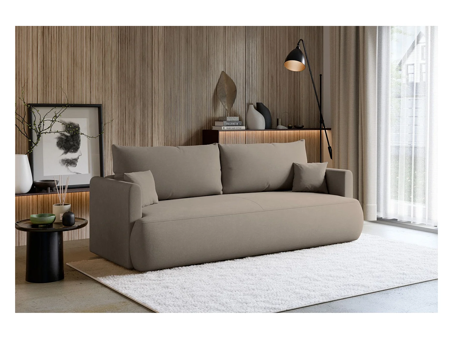 Canapé convertible 3 places – chenille Easy-Clean – gris-beige – OVO MINI