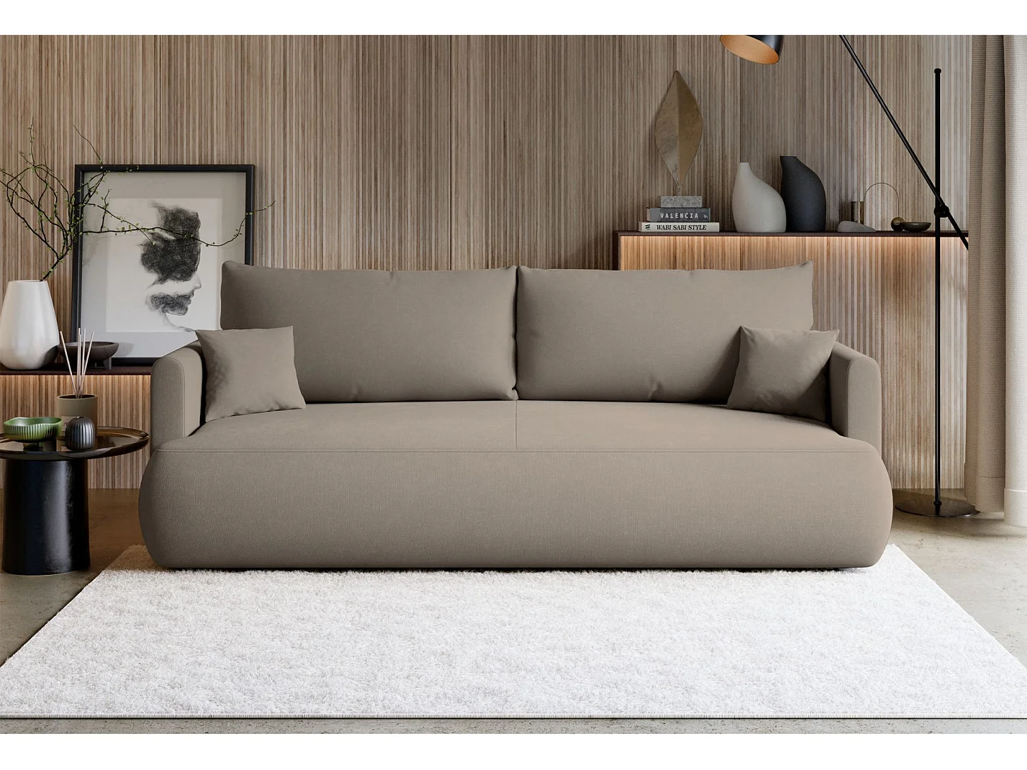 3-Sitzer Schlafsofa mit Bettkasten, Chenille Easy-Clean, graubeige - OVO MINI