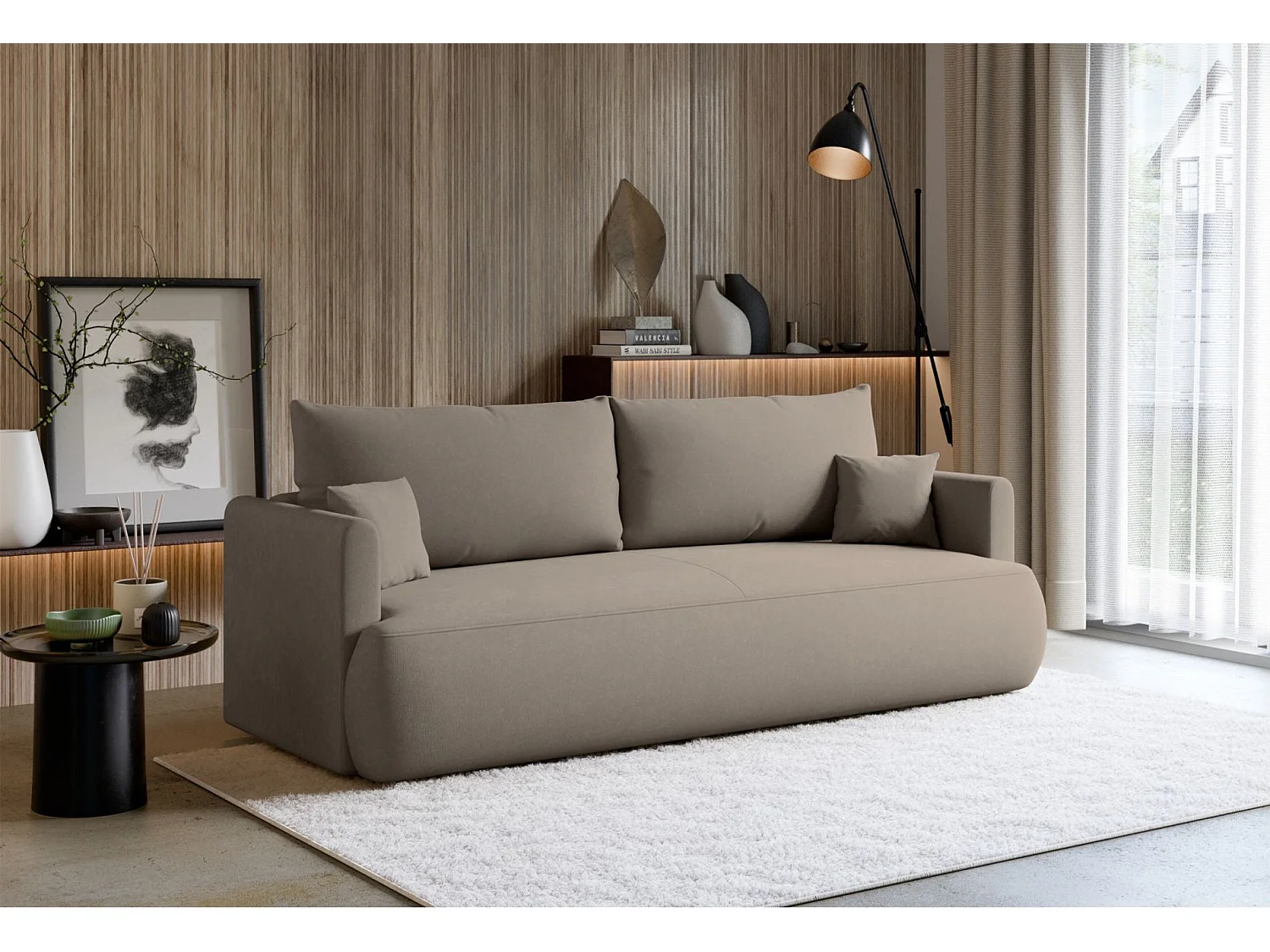 3-Sitzer Schlafsofa mit Bettkasten, Chenille Easy-Clean, graubeige - OVO MINI