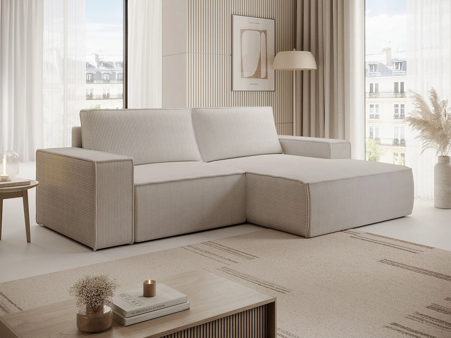 Ecksofa mit Cordbezug – Schlaffunktion und Stauraum – Greige – rechts – FARESE MINI