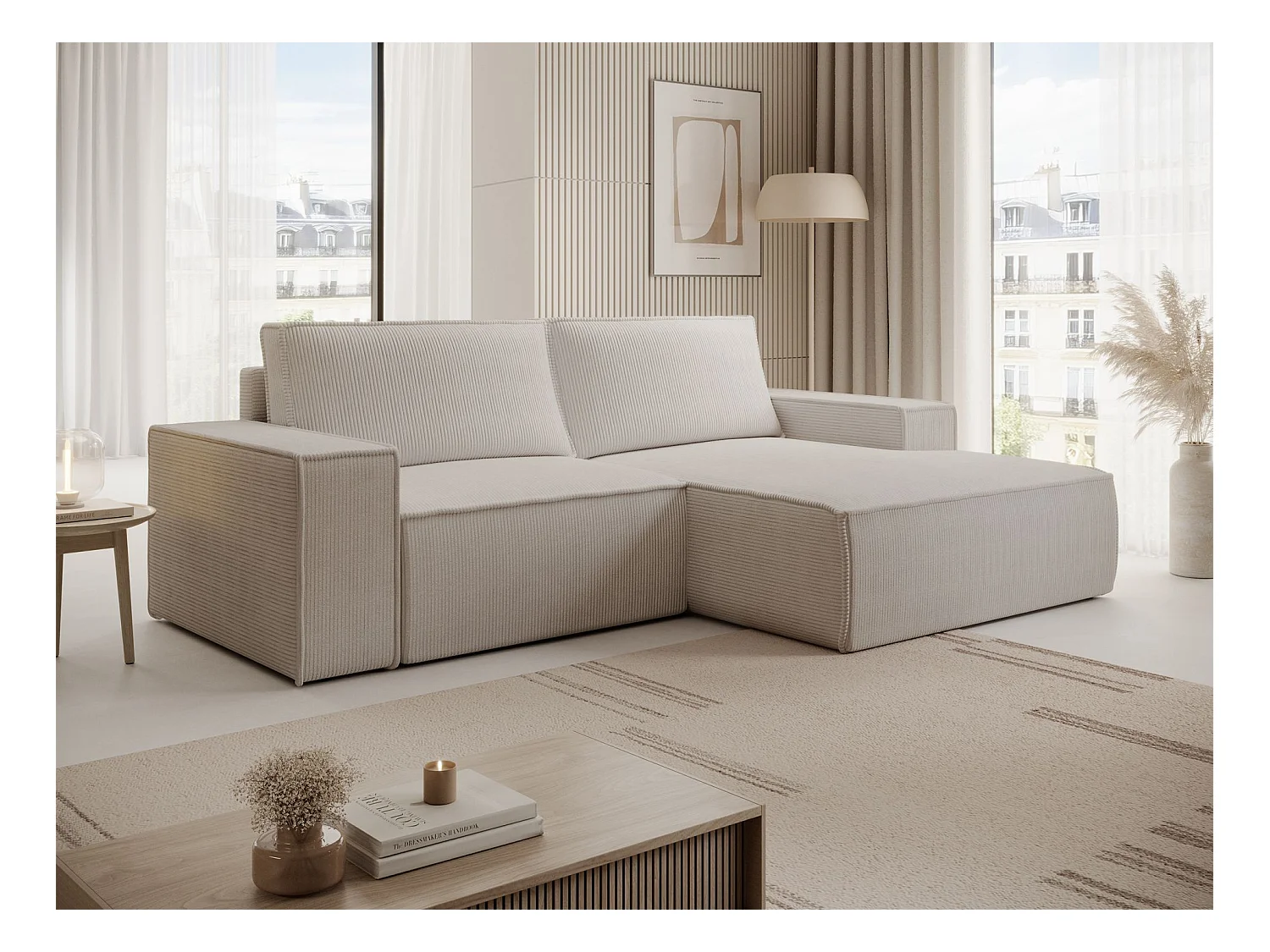 Canapé d’angle convertible – en velours côtelé – gris-beige – droite – FARESE MINI