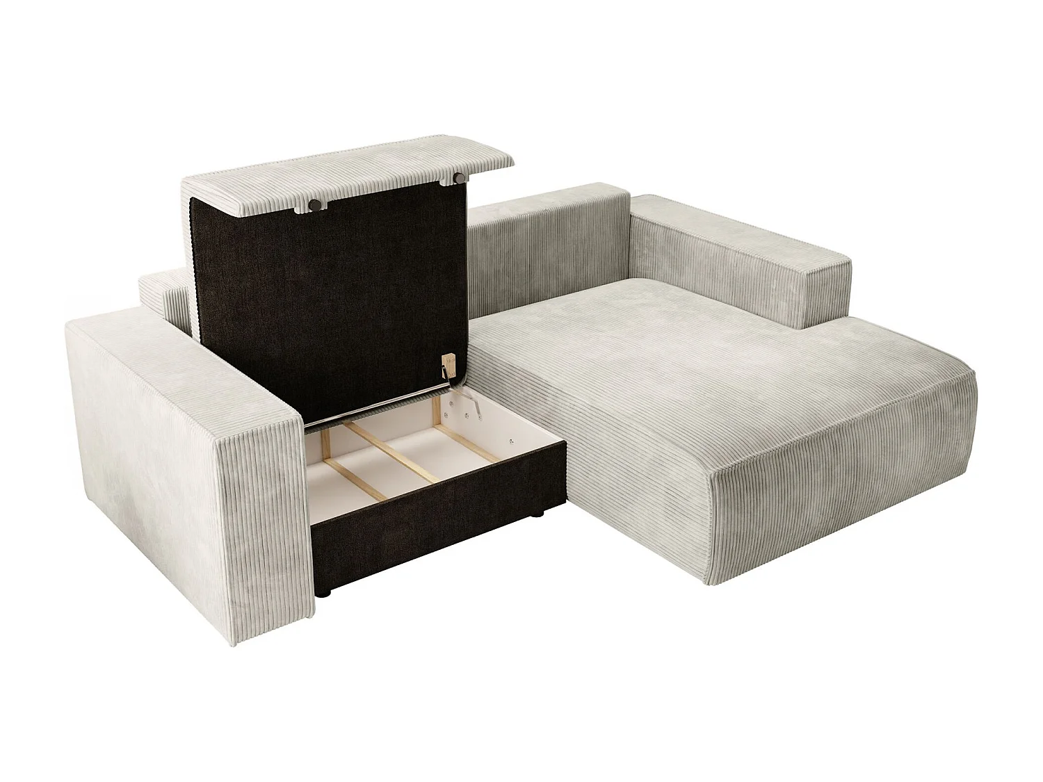 Hoekbank met ribfluweel – slaapfunctie en opbergruimte – grijs-beige – rechts – FARESE MINI