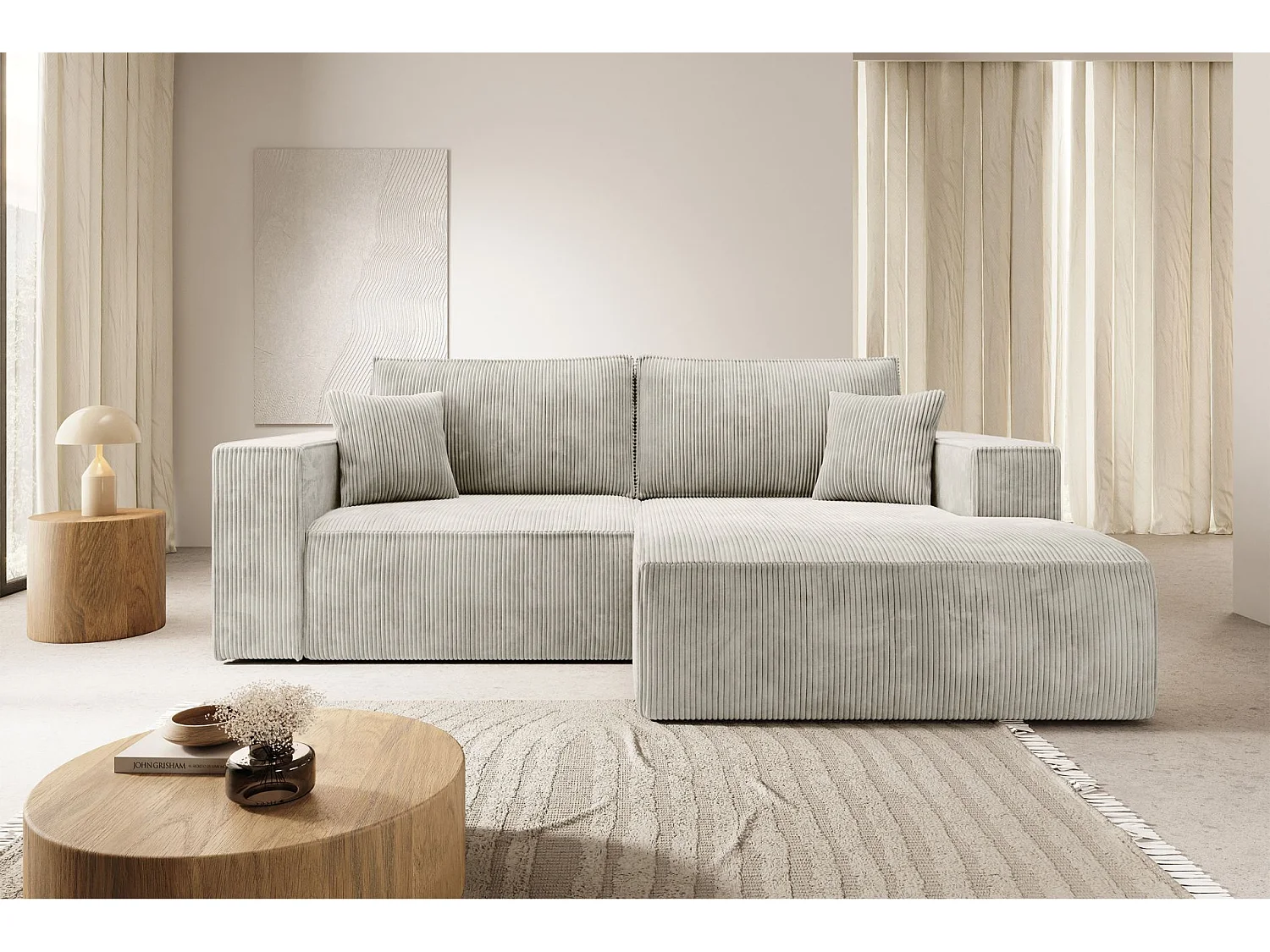 Ecksofa mit Cordbezug – Schlaffunktion und Stauraum – Greige – rechts – FARESE MINI