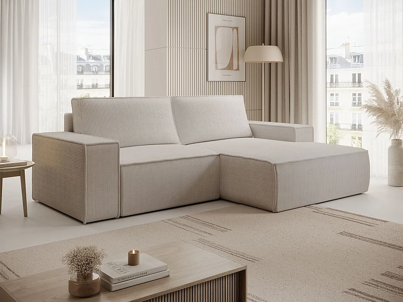 Canapé d’angle convertible – en velours côtelé – gris-beige – droite – FARESE MINI