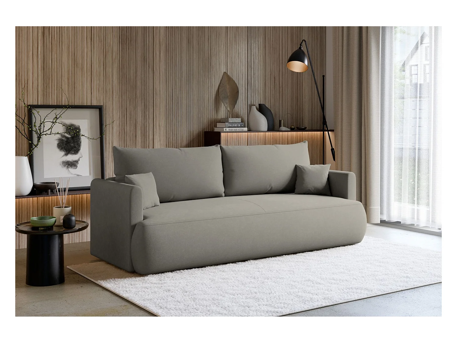 Canapé convertible 3 places – chenille Easy-Clean – gris clair – OVO MINI