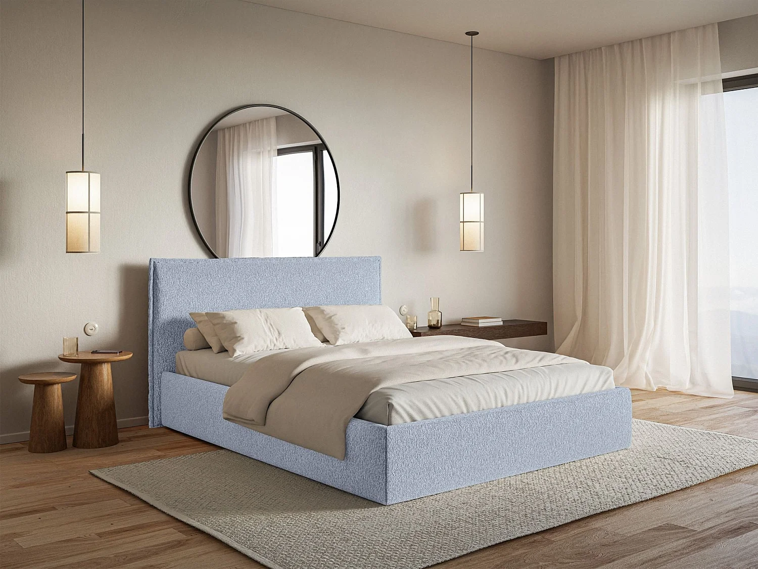 Gestoffeerd bed met opbergruimte – 180x200 cm – lichtblauw – waterafstotende chenille – SOFTIE SLIM