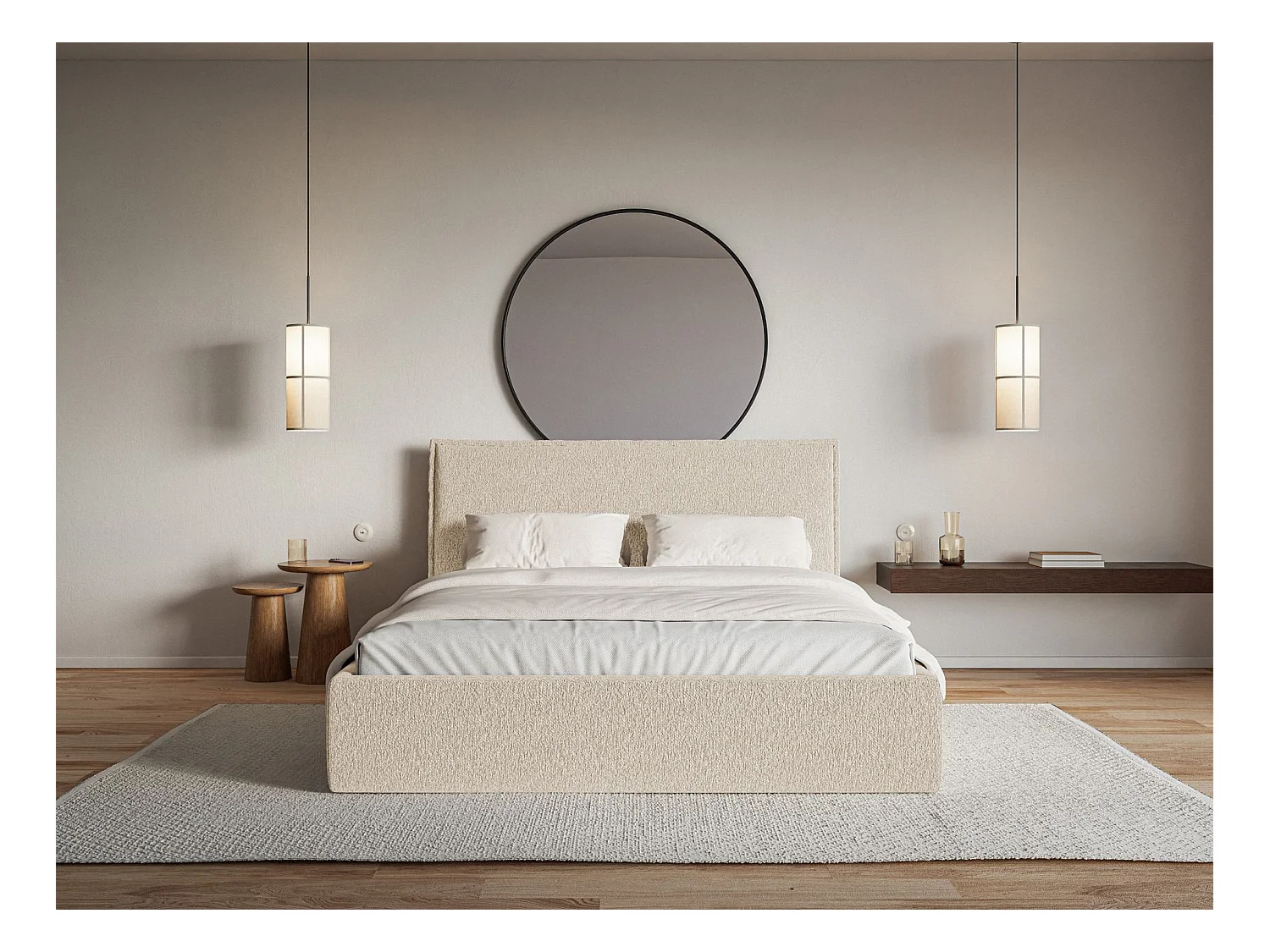 Lit tapissé 160×200 avec coffre et sommier - chenille - beige clair - SOFTIE SLIM