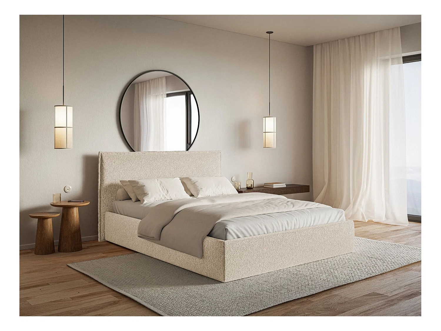 Lit tapissé 160×200 avec coffre et sommier - chenille - beige clair - SOFTIE SLIM