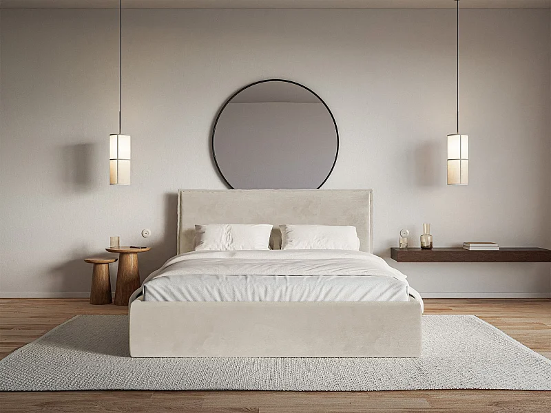 Lit tapissé 160×200 avec coffre et sommier - velours - beige - SOFTIE SLIM