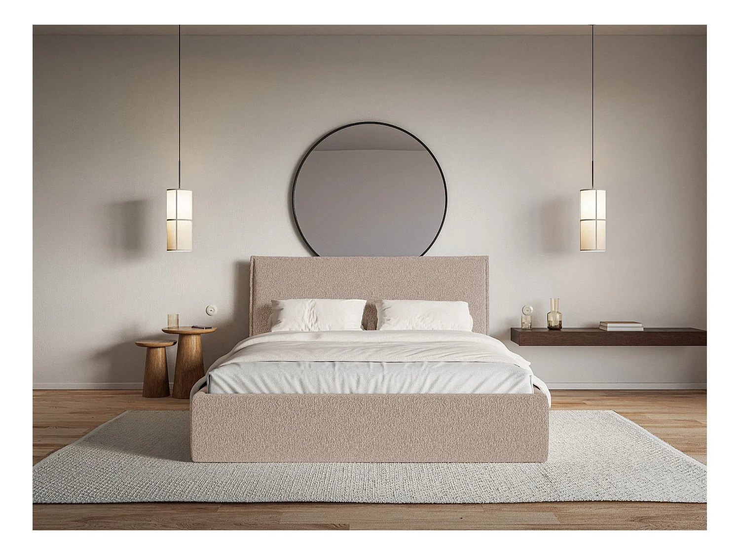 Polsterbett 140×200 mit Bettkasten - Lattenrost - Chenille dunkelbeige - SOFTIE SLIM